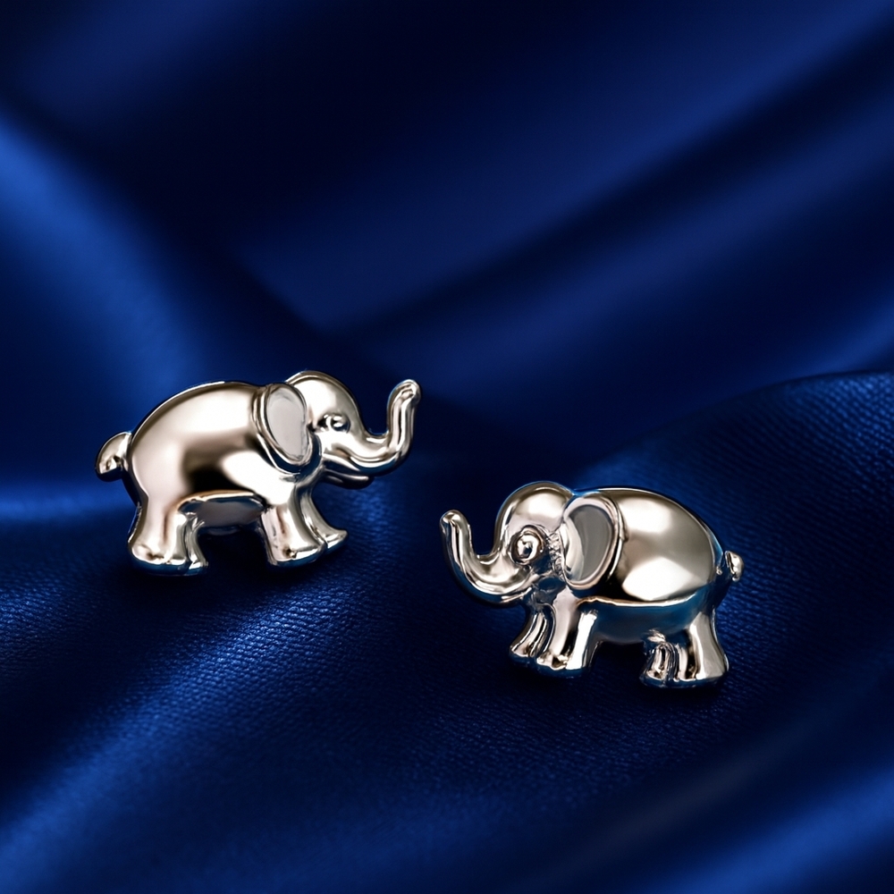 Silver Elephant Stud Earrings – Raised Trunk, Dainty Animal-Inspired Jewelry